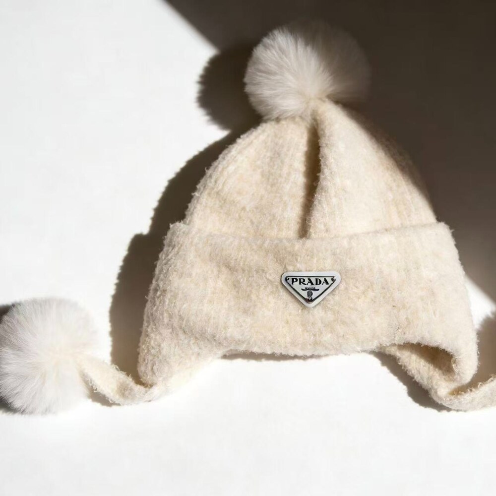 Prada Fuzzy Knit Earflap Hat with Pom Poms - Picture 4 of 4